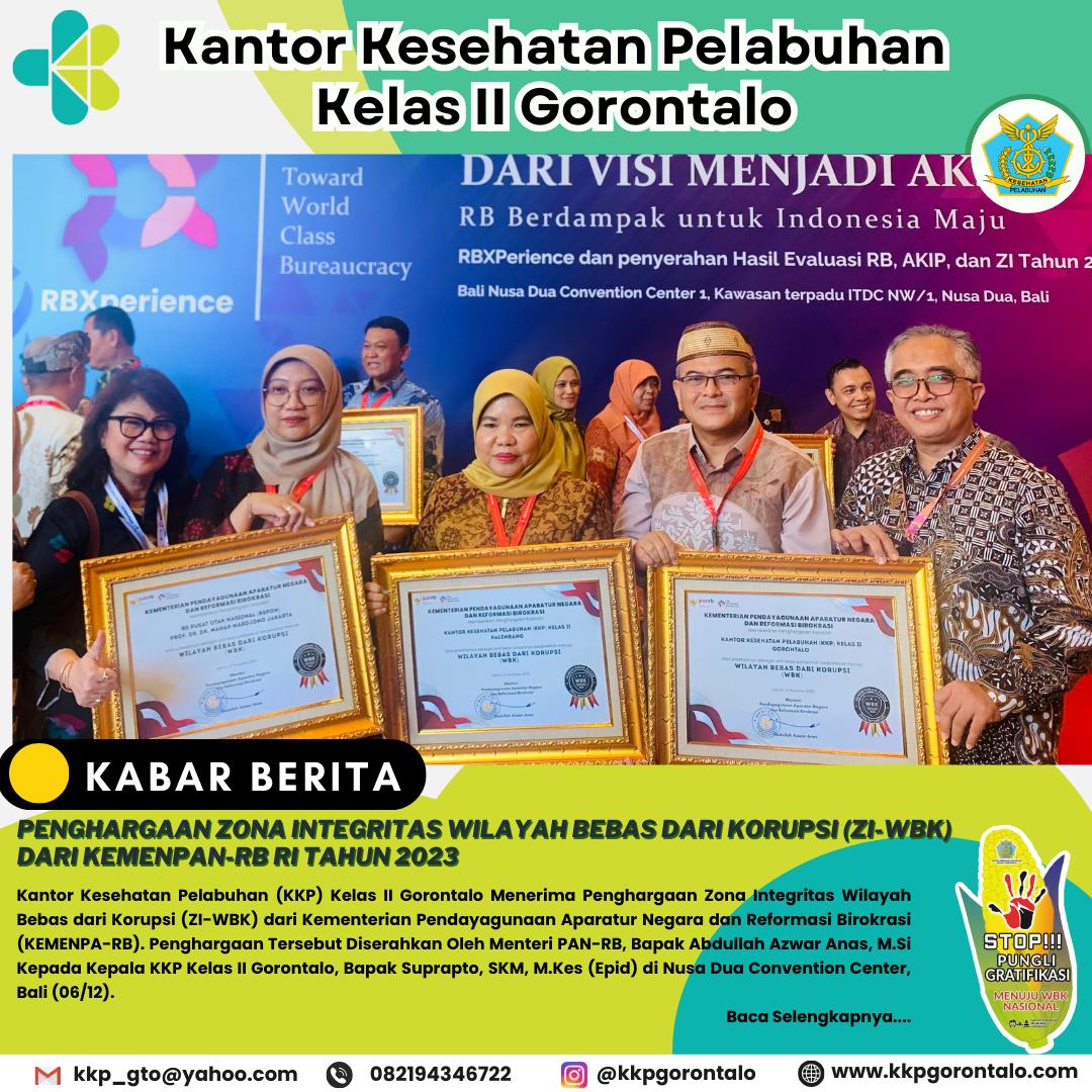 Penghargaan Zona Integritas Wilayah Bebas dari Korupsi (ZI-WBK) Tahun 2023 dari Kementerian Pendayagunaan Aparatur Negara dan Reformasi Birokrasi